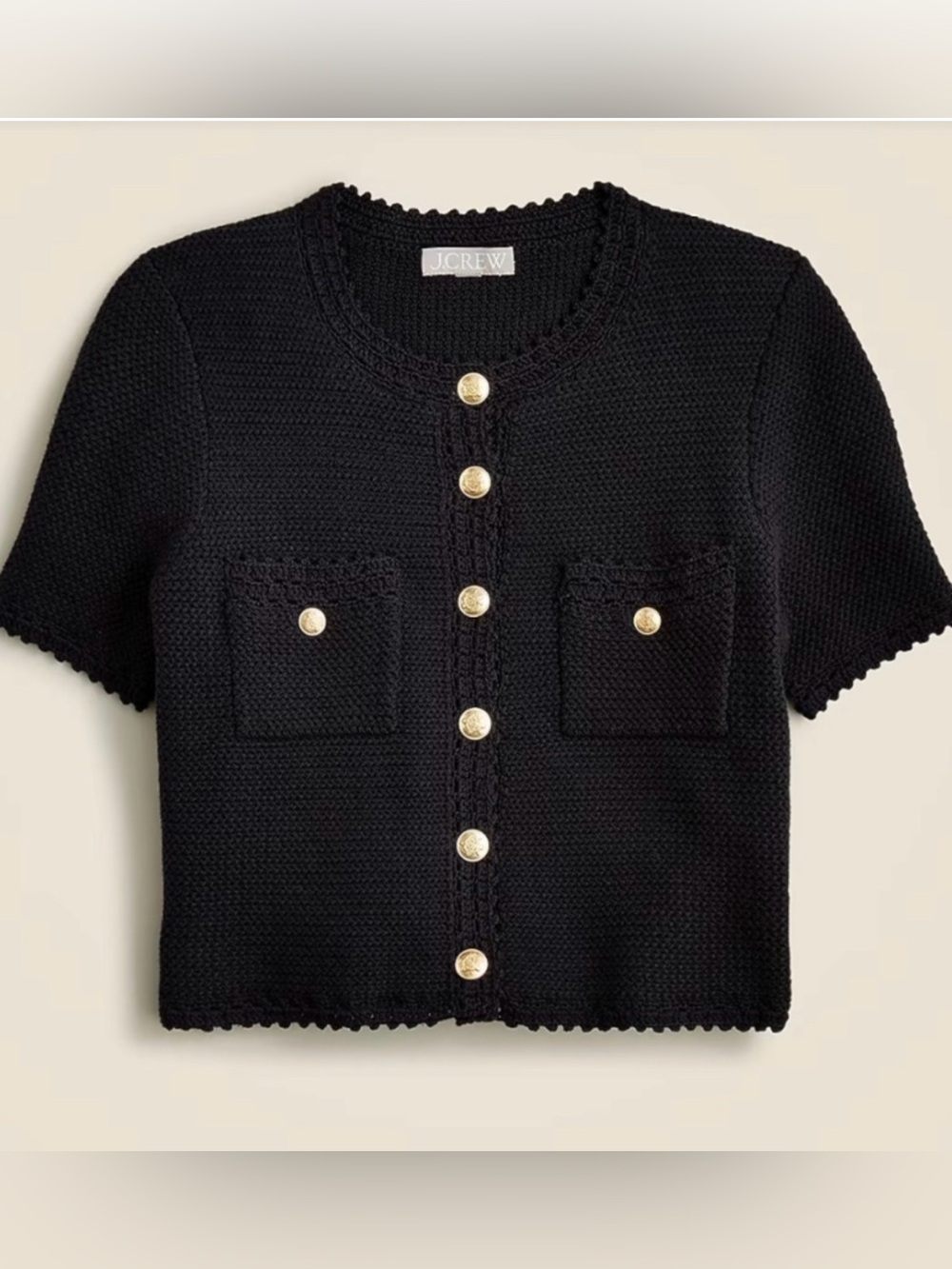 J. Crew Black Cropped Short-Sleeve Cardigan Sweater Gold Buttons Lady Jacket